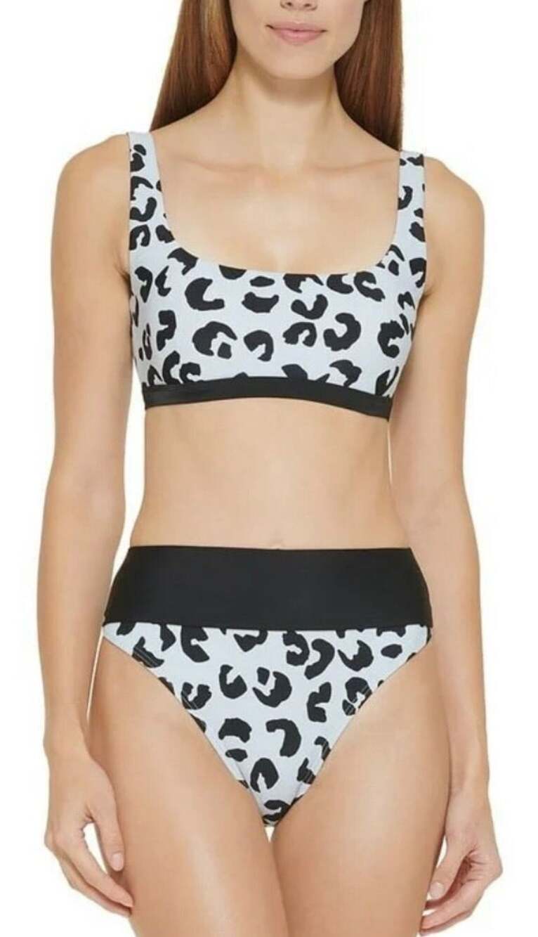 DKNY Light Blue Block Leopard Bralette Swim Top and Bottom Set XS S NWT